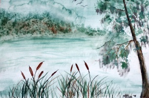 Cattails landscape river art