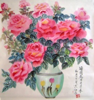 roses in green vase