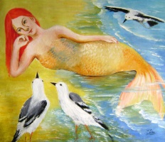 red mermaid and seagulls